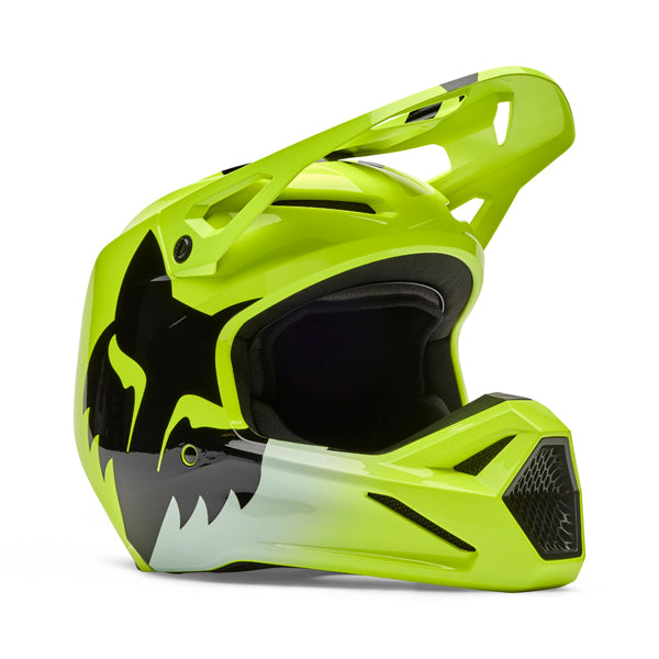 Side view of V1 Shield Helmet in flo yellow showing visor and shell profile, SKU 36385130, sizes XS, SM, MD, LG, XL, size XS, sizes XS to XL.