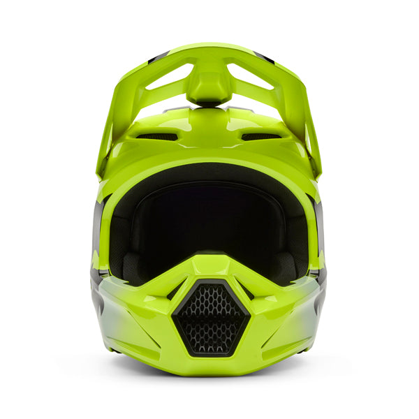 Angled front view of helmet in flo yellow showing chin bar and vent layout, SKU 36385130, sizes XS, SM, MD, LG, XL, size XS, sizes XS to XL.