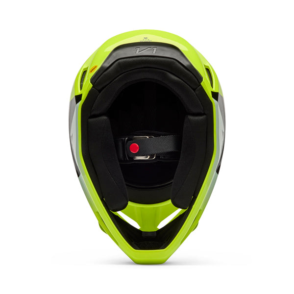 Interior view of helmet in flo yellow showing liner and cheek pad system, SKU 36385130, sizes XS, SM, MD, LG, XL, size XS, sizes XS to XL.