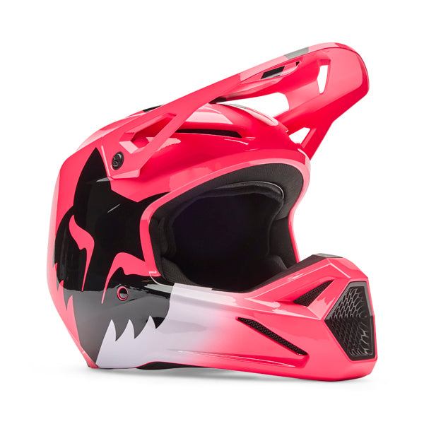 Side view of Fox Racing SKU 36385-170XS V1 Shield Helmet in pink showing visor and shell profile, SKU 36385170, sizes XS, SM, MD, LG, XL, size XS, sizes XS to XL.