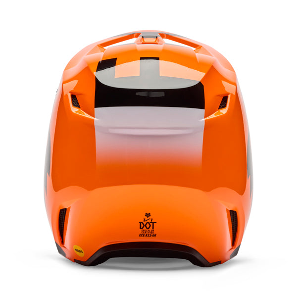 Rear view of helmet in flo orange showing exhaust vents and shell contour, SKU 36385824, sizes XS, SM, MD, LG, XL, size XS, sizes XS to XL.