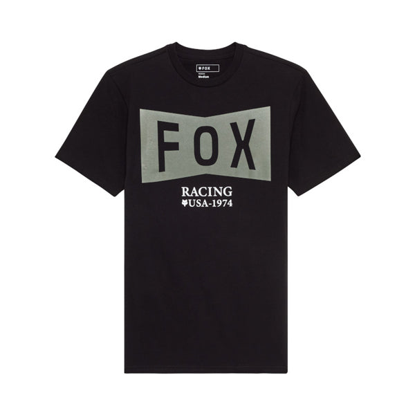 Crisp studio image on a white background of Fox Racing Typeface Premium Tee; showing tee fit, printed graphics, and crew neckline; SKU 36457-329-S