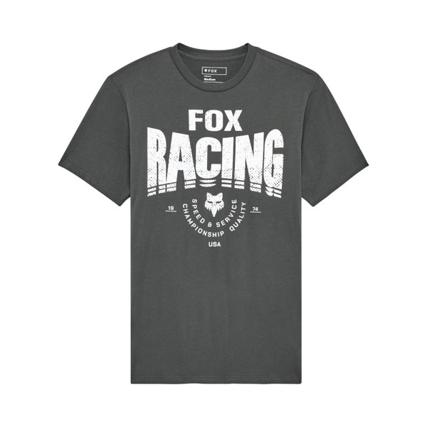 Studio photo on a white background of Fox Racing Tread Premium Tee; showing tee fit, printed graphics, and crew neckline; SKU 36459-244-S; Sizes: S-2XL