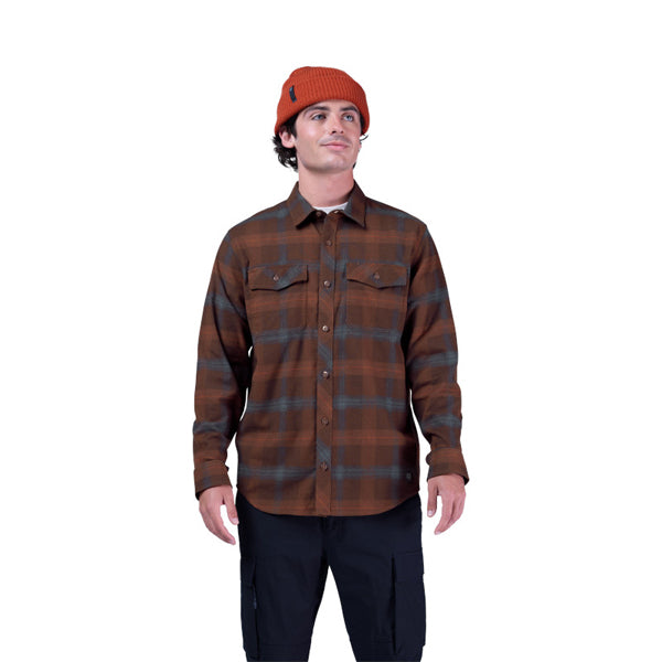 High-resolution studio image of Fox Racing Survivalist Core Flannel; showing flannel shirt fit, button front, and plaid pattern; SKU 36461-329-S