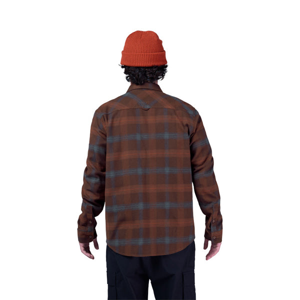 Studio photo on a white background of Fox Racing Survivalist Core Flannel; showing flannel shirt fit, button front, and plaid pattern; SKU 36461-329-S