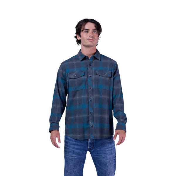 Studio photo on a white background of Fox Racing Survivalist Core Flannel; showing flannel shirt fit, button front, and plaid pattern; SKU 36461-329-S