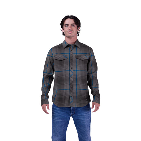 Studio photo on a white background of Fox Racing Survivalist Fire Flannel; showing flannel shirt fit, button front, and plaid pattern; SKU 36463-330-S