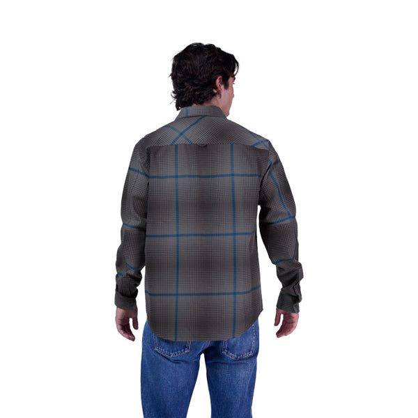 Clean studio shot of Fox Racing Survivalist Fire Flannel; showing flannel shirt fit, button front, and plaid pattern; SKU 36463-330-S; Sizes: S-2XL