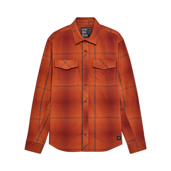 Professional studio photo of Fox Racing Survivalist Fire Flannel; showing flannel shirt fit, button front, and plaid pattern; SKU 36463-330-S