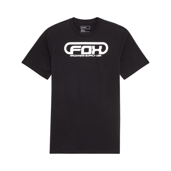 Studio photo on a white background of Fox Racing Global Premium Tee; showing tee fit, printed graphics, and crew neckline; SKU 36472-244-S; Sizes: S-2XL
