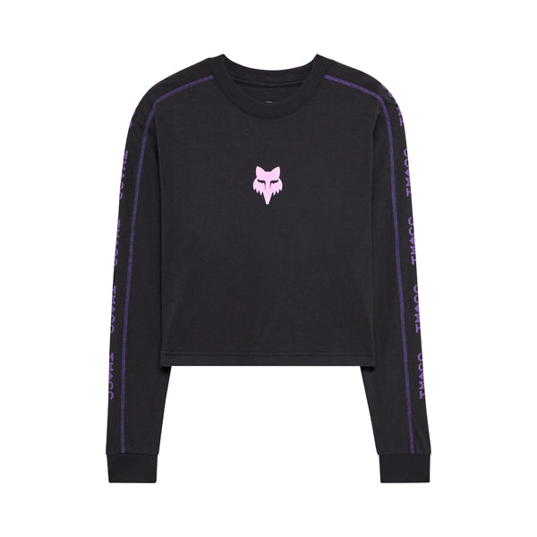 Crisp studio image on a white background of Fox Racing Image Phantom Long Sleeve Crop Tee (Womens); SKU 36503-008-XS; Colors: White, Black; Sizes: XS-XL