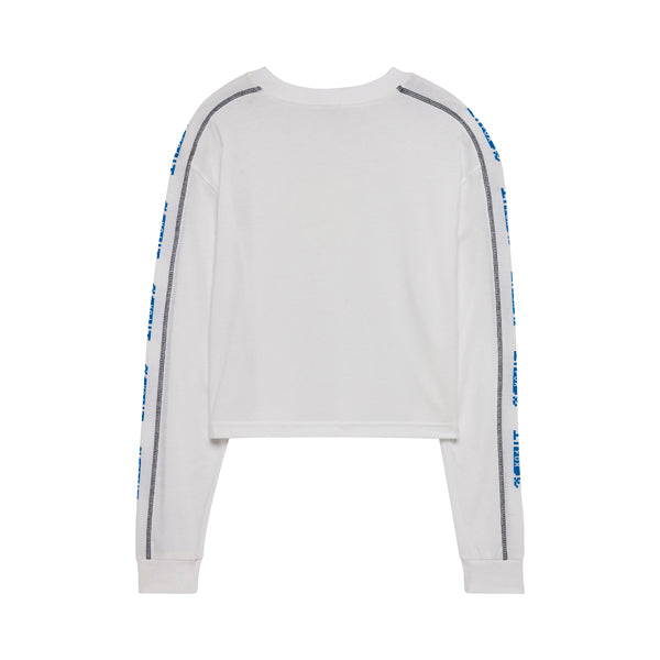 Professional studio photo of Fox Racing Image Phantom Long Sleeve Crop Tee (Womens); showing long-sleeve cut, printed graphics, and crew neckline