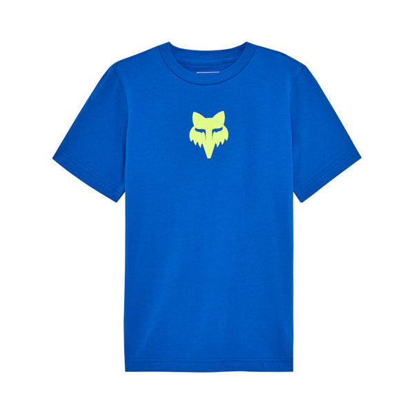 Clean studio shot of Fox Racing Spire Tee (Youth); showing tee fit, printed graphics, and crew neckline; SKU 36552-002-YS; Colors: Blue, Black