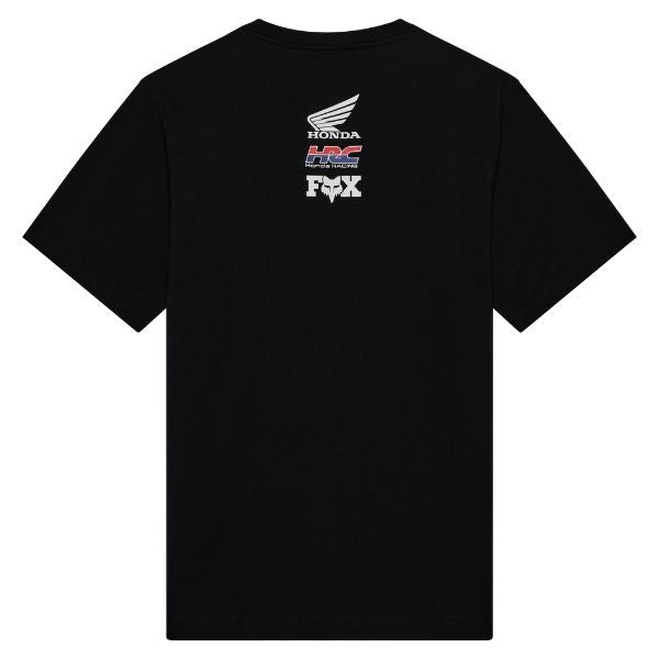 Studio photo on a white background of Fox Racing Honda Oversized Tee; showing tee fit, printed graphics, and crew neckline; SKU 38271-001-S; Sizes: S-2XL
