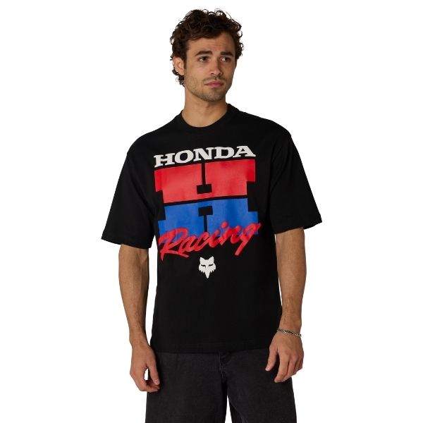 Clean studio shot of Fox Racing Honda Oversized Tee; showing tee fit, printed graphics, and crew neckline; SKU 38271-001-S; Colors: Black; Sizes: S-2XL