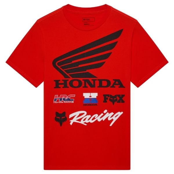 Professional studio photo of Fox Racing Honda 195 Original Tee; showing tee fit, printed graphics, and crew neckline; SKU 38275-001-S; Colors: Black, Red