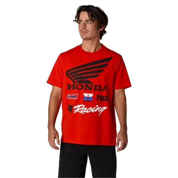 High-resolution studio image of Fox Racing Honda 195 Original Tee; showing tee fit, printed graphics, and crew neckline; SKU 38275-001-S; Sizes: S-2XL
