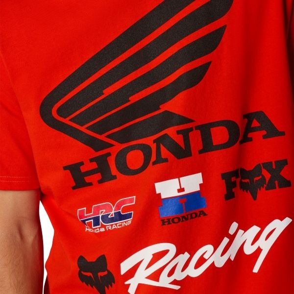 Clean studio shot of Fox Racing Honda 195 Original Tee; showing tee fit, printed graphics, and crew neckline; SKU 38275-001-S; Colors: Black, Red - alternate view