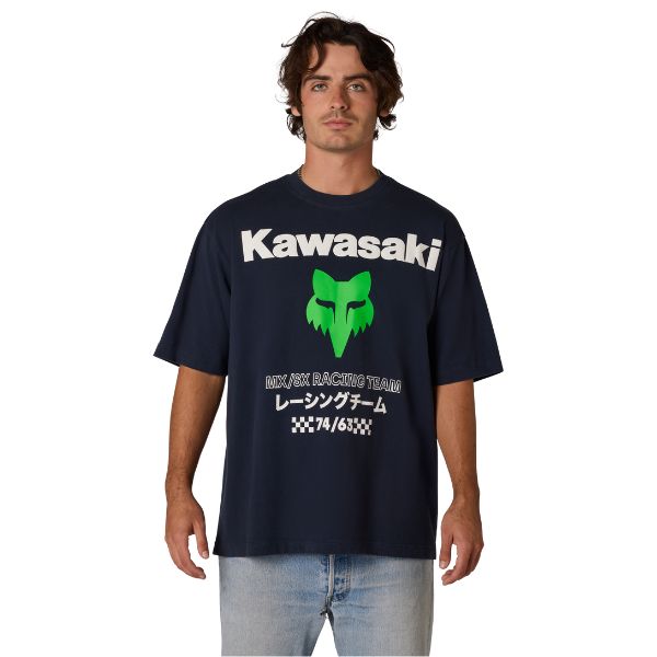 Clean studio shot of Fox Racing Kawasaki Oversized Tee; showing tee fit, printed graphics, and crew neckline; SKU 38286-329-S; Colors: Midnight Blue