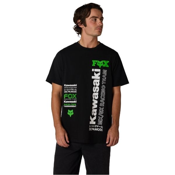Studio photo on a white background of Fox Racing Kawasaki 195 Original Tee; showing tee fit, printed graphics, and crew neckline; SKU 38288-001-S