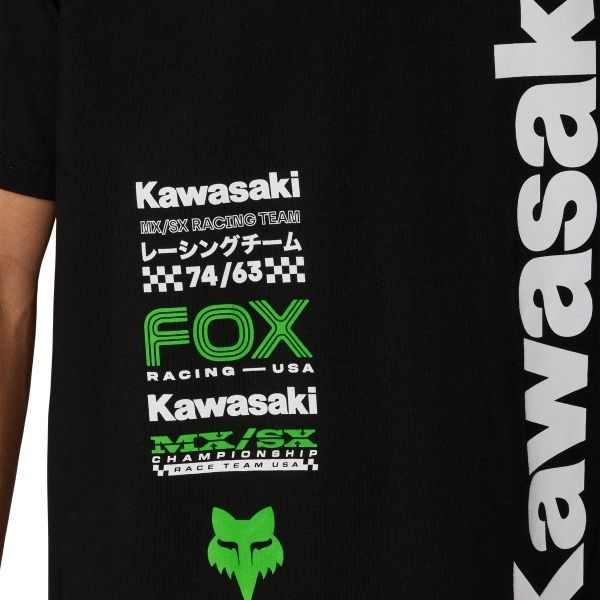 Professional studio photo of Fox Racing Kawasaki 195 Original Tee; showing tee fit, printed graphics, and crew neckline; SKU 38288-001-S; Sizes: S-2XL