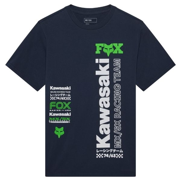Crisp studio image on a white background of Fox Racing Kawasaki 195 Original Tee; showing tee fit, printed graphics, and crew neckline; SKU 38288-001-S