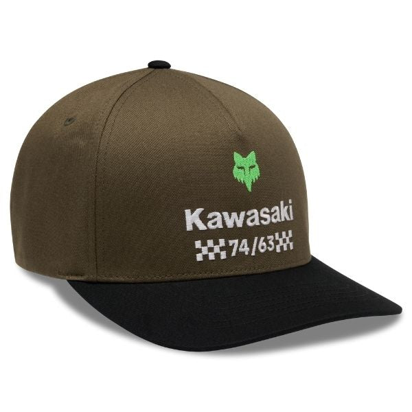 38298-099-S/M, Fox Racing, Kawasaki Flexfit Hat, Black, Olive Green, Sizes SM/MD, LG/XL product photo