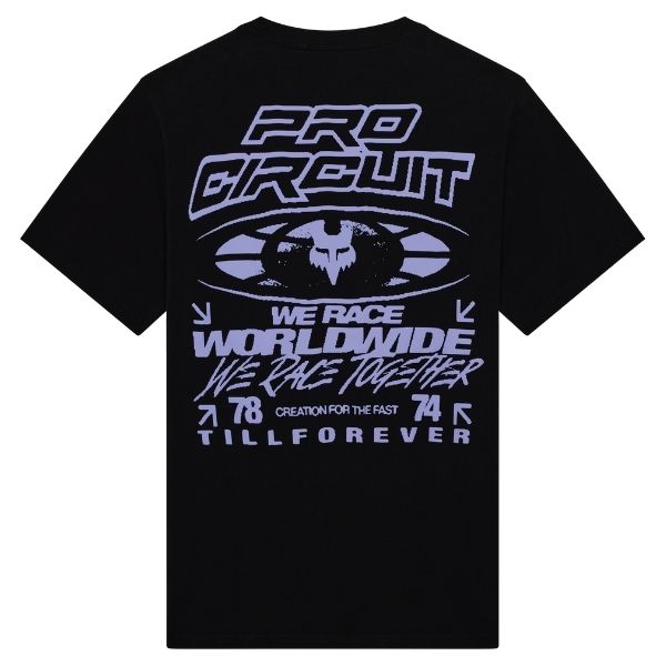 High-resolution studio image of Fox Racing Pro Circuit Oversized Tee; showing tee fit, printed graphics, and crew neckline; SKU 38303-001-S; Sizes: S-2XL
