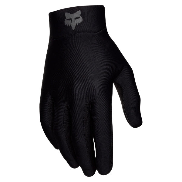 Fox Racing Leather Palm Gloves (MTB) in Black, back-of-hand view, with the Fox hand graphic, flexible finger panels, shaped knuckles, and stretch cuff. Available options—Color: Black; Size: XS, SM, MD, LG, XL, 2X. SKU 33393-001-XS. UPC 191972987335.