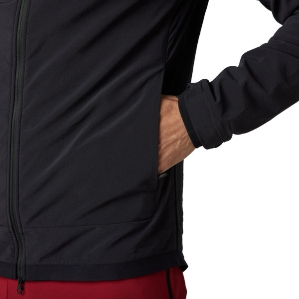 Fox Racing Defend Fire Alpha Jacket (MTB) in Black, alternate-color front product view, with the high collar or hood, full front zipper, zippered pockets, adjustable cuffs, shaped rear hem, and Fox chest logo. Available options—Color: Brown Sugar, Black; Size: SM, MD, LG, XL, 2X. SKU 33782-001-L. UPC 191972931673.