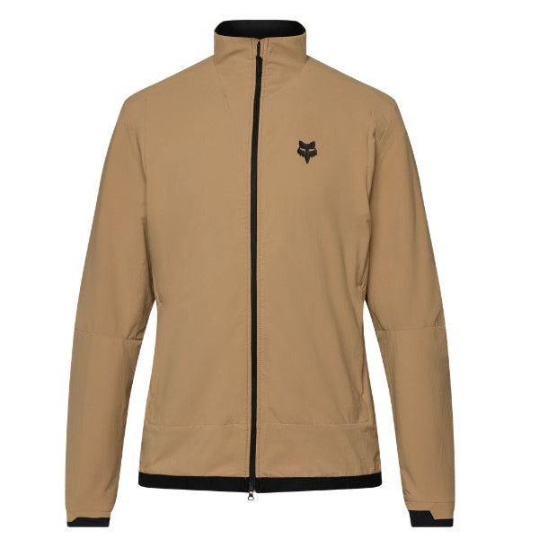 Fox Racing Defend Fire Alpha Jacket (MTB) in Brown Sugar, front product view, with the high collar or hood, full front zipper, zippered pockets, adjustable cuffs, shaped rear hem, and Fox chest logo. Available options—Color: Brown Sugar, Black; Size: SM, MD, LG, XL, 2X. SKU 33782-614-S. UPC 198571109748.