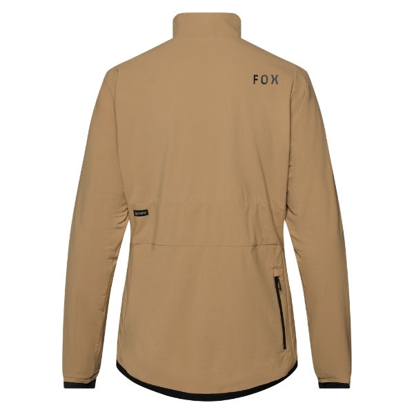 Fox Racing Defend Fire Alpha Jacket (MTB) in Brown Sugar, rear product view, with the high collar or hood, full front zipper, zippered pockets, adjustable cuffs, shaped rear hem, and Fox chest logo. Available options—Color: Brown Sugar, Black; Size: SM, MD, LG, XL, 2X. SKU 33782-614-M. UPC 198571109755.