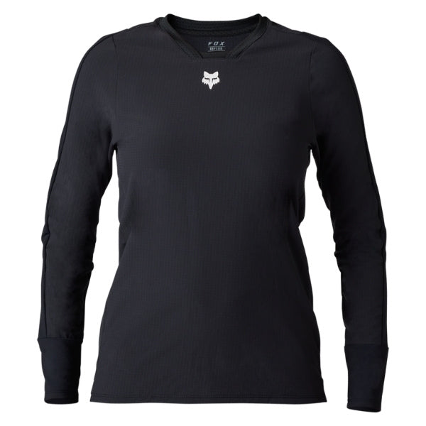Fox Racing Defend Thermal Jersey (MTB) (Womens) in Black, rear product view, with the back graphic, shoulder panels, long sleeves, and drop-tail hem. Available options—Color: Brown Sugar, Black; Size: XS, SM, MD, LG, XL. SKU 33787-001-S. UPC 191972931512.