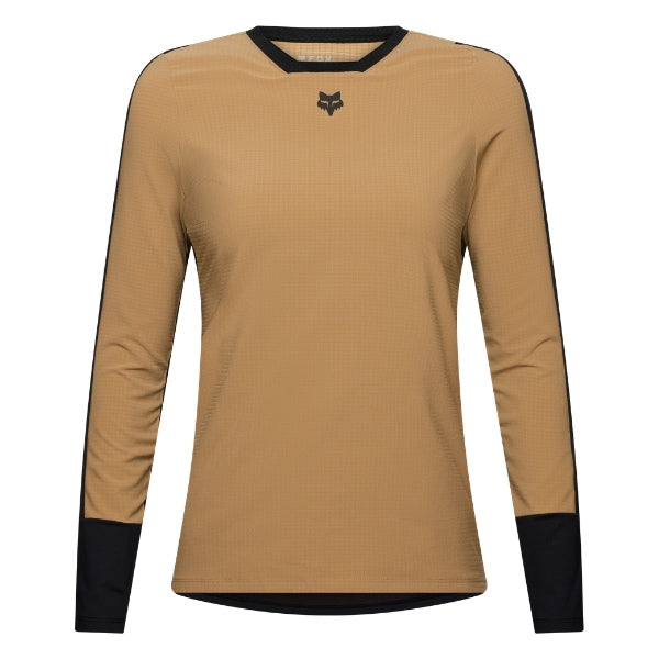 Fox Racing Defend Thermal Jersey (MTB) (Womens) in Brown Sugar, front product view, with the crew neck, long sleeves, large Fox chest graphic, contrasting arm panels, and curved drop-tail hem. Available options—Color: Brown Sugar, Black; Size: XS, SM, MD, LG, XL. SKU 33787-614-XS. UPC 198571109847.