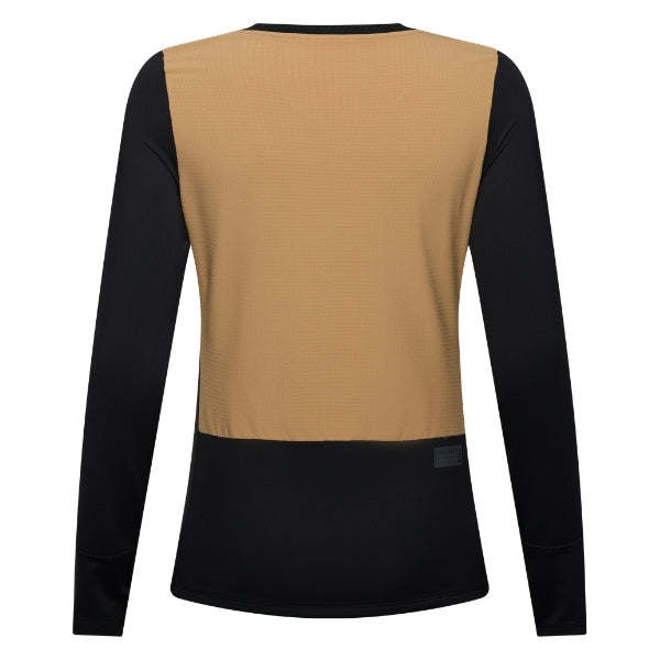 Fox Racing Defend Thermal Jersey (MTB) (Womens) in Brown Sugar, rear product view, with the back graphic, shoulder panels, long sleeves, and drop-tail hem. Available options—Color: Brown Sugar, Black; Size: XS, SM, MD, LG, XL. SKU 33787-614-S. UPC 198571109854.