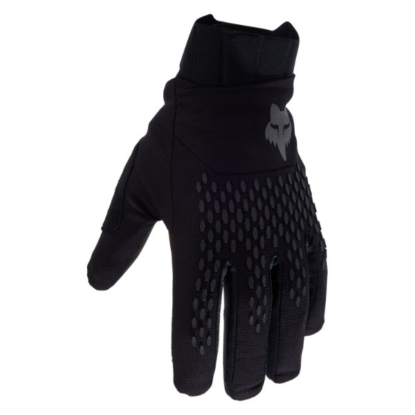 Fox Racing Defend Pro Winter Gloves (MTB) in Black, back-of-hand view, with the Fox hand graphic, flexible finger panels, shaped knuckles, and stretch cuff. Available options—Color: Black; Size: SM, MD, LG, XL, 2X. SKU 33804-001-S. UPC 191972931222.
