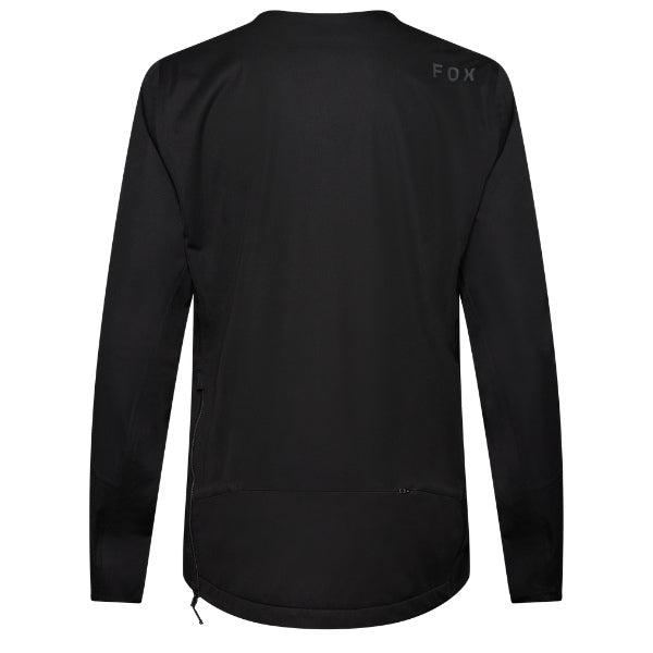 Fox Racing Flexair Water Pullover (MTB) in Black, rear product view, with the plain black back panel, long sleeves, small upper-back Fox lettering, and curved rear hem. Available options—Color: Black; Size: SM, MD, LG, XL, 2X. SKU 40141-001-M. UPC 198571107980.