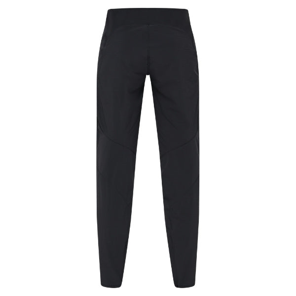 Fox Racing Flexair Fire Pants (MTB) in Black, rear product view, with the reinforced seat, rear yoke, articulated knees, tapered legs, and lower-leg graphics. Available options—Color: Black, Nutmeg, Galaxy Blue; Size: 28, 30, 32, 34, 36, 38, 40. SKU 40142-001-30. UPC 198571106426.