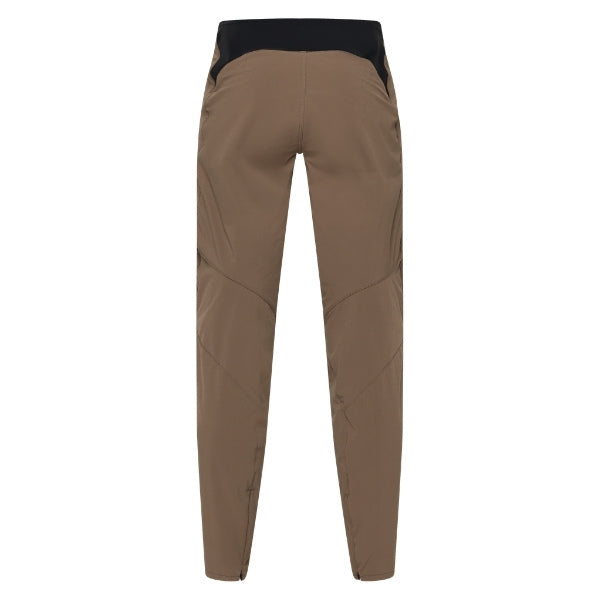 Fox Racing Flexair Fire Pants (MTB) in Nutmeg, close-up of the waist and hip panels, with the ratcheting waist adjuster, stretch yoke, shaped hip panel, and reinforced knee or thigh material. Available options—Color: Black, Nutmeg, Galaxy Blue; Size: 28, 30, 32, 34, 36, 38, 40. SKU 40142-512-32. UPC 198571117637.