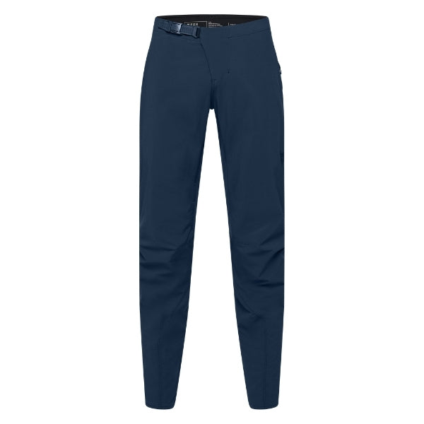 Fox Racing Flexair Fire Pants (MTB) in Galaxy Blue, front product view, with the adjustable waist, articulated knees, contrasting leg graphics, reinforced inner knees, and tapered cuffs. Available options—Color: Black, Nutmeg, Galaxy Blue; Size: 28, 30, 32, 34, 36, 38, 40. SKU 40142-D17-28. UPC 198571113387.