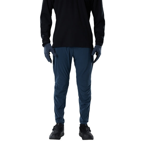 Fox Racing Flexair Fire Pants (MTB) in Galaxy Blue, close-up of the side thigh and knee panels, with the ratcheting waist adjuster, stretch yoke, shaped hip panel, and reinforced knee or thigh material. Available options—Color: Black, Nutmeg, Galaxy Blue; Size: 28, 30, 32, 34, 36, 38, 40. SKU 40142-D17-36. UPC 198571113424.