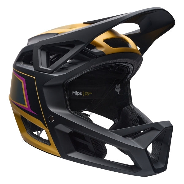 Fox Racing Proframe RS Heatstack Helmet (MTB) in Dark Yellow, left-side profile, with the extended visor, open face port, angular chin bar, side vents, and Fox graphics. Available options—Color: Dark Yellow, Arctic Blue; Size: SM, MD, LG. SKU 40155-547-S. UPC 198571113318.