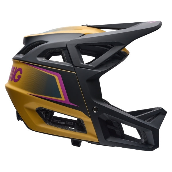 Fox Racing Proframe RS Heatstack Helmet (MTB) in Dark Yellow, right-side profile, with the extended visor, open face port, angular chin bar, side vents, and Fox graphics. Available options—Color: Dark Yellow, Arctic Blue; Size: SM, MD, LG. SKU 40155-547-M. UPC 198571113325.