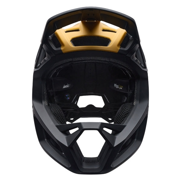 Fox Racing Proframe RS Heatstack Helmet (MTB) in Dark Yellow, front view, with the visor, wide goggle opening, vented chin bar, and brow vents centered in the frame. Available options—Color: Dark Yellow, Arctic Blue; Size: SM, MD, LG. SKU 40155-547-L. UPC 198571113332.