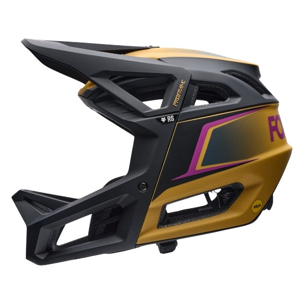 Fox Racing Proframe RS Heatstack Helmet (MTB) in Arctic Blue, left-side profile, with the extended visor, open face port, angular chin bar, side vents, and Fox graphics. Available options—Color: Dark Yellow, Arctic Blue; Size: SM, MD, LG. SKU 40155-C84-S. UPC 198571105863.