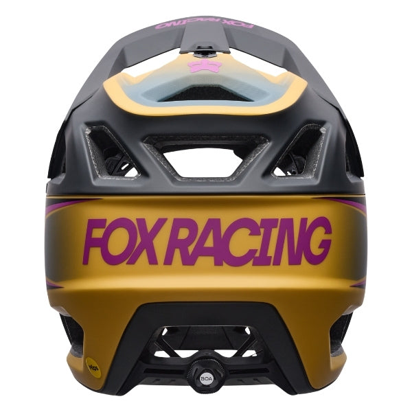Fox Racing Proframe RS Heatstack Helmet (MTB) in Arctic Blue, right-side profile, with the extended visor, open face port, angular chin bar, side vents, and Fox graphics. Available options—Color: Dark Yellow, Arctic Blue; Size: SM, MD, LG. SKU 40155-C84-M. UPC 198571105870.