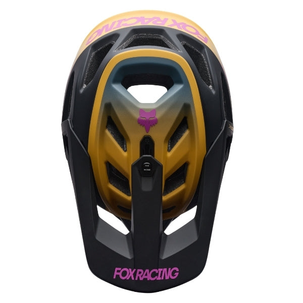 Fox Racing Proframe RS Heatstack Helmet (MTB) in Arctic Blue, front view, with the visor, wide goggle opening, vented chin bar, and brow vents centered in the frame. Available options—Color: Dark Yellow, Arctic Blue; Size: SM, MD, LG. SKU 40155-C84-L. UPC 198571105887.