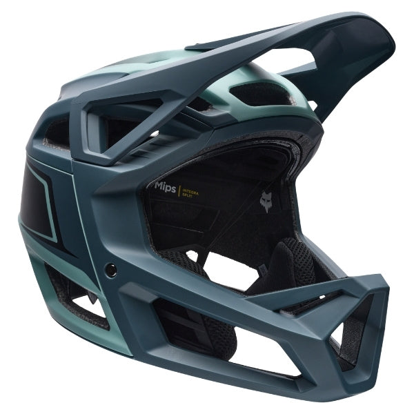 Fox Racing Proframe RS Heatstack Helmet (MTB) in Arctic Blue, top view, with the visor tip, crown vents, shell graphics, and central Fox logo. Available options—Color: Dark Yellow, Arctic Blue; Size: SM, MD, LG.