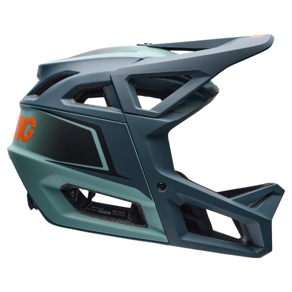 Fox Racing Proframe RS Heatstack Helmet (MTB) in Arctic Blue, underside view of the interior padding and chin opening, with the padded crown liner, cheek pads, chin opening, and retention-strap area exposed. Available options—Color: Dark Yellow, Arctic Blue; Size: SM, MD, LG.