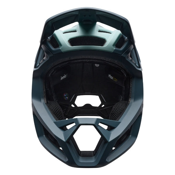 Fox Racing Proframe RS Heatstack Helmet (MTB) in Arctic Blue, upper rear and vent view, with the rear shell vents, lower neck opening, molded shell ribs, and Fox lettering. Available options—Color: Dark Yellow, Arctic Blue; Size: SM, MD, LG.